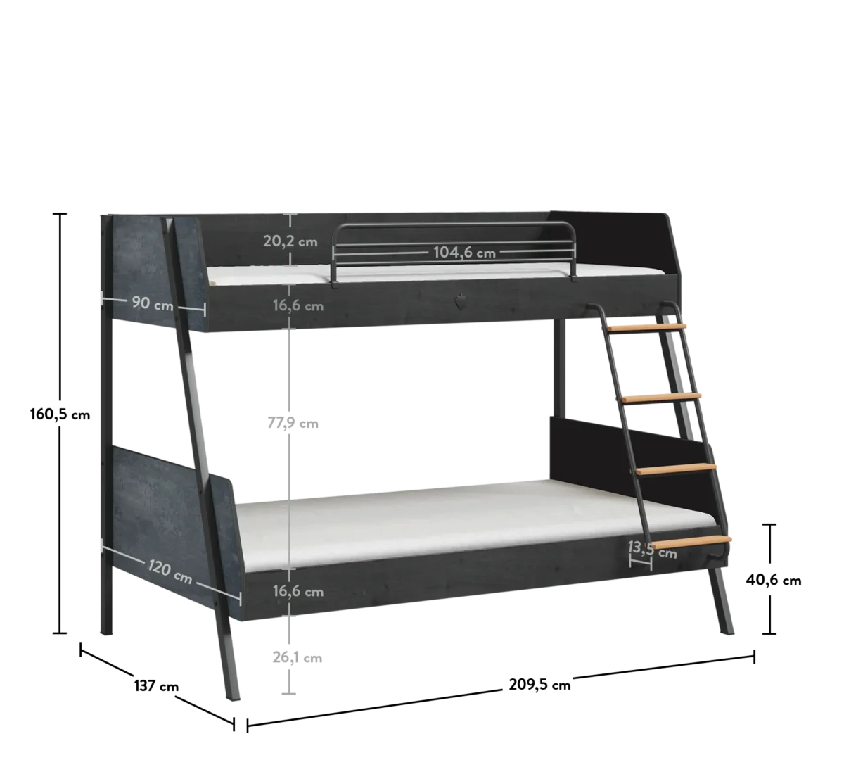 Παιδική κουκέτα DARK METAL DM-1403 Cilek, μονό και ημίδιπλο κρεβάτι.