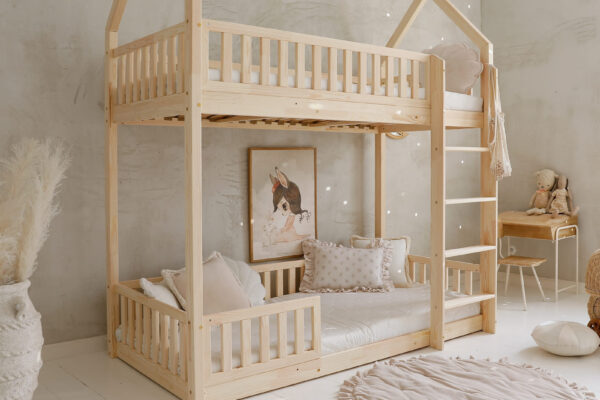 Κουκέτα Σπιτάκι Bianco Fast με κάγκελο Natural Luletto 90x190 για παιδιά.