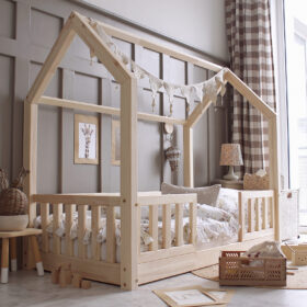 Παιδικό κρεβάτι Montessori Bianco Duo Fast με κάγκελα, φυσικό ξύλο.