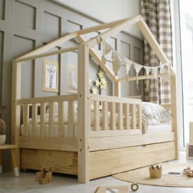 Παιδικό κρεβάτι σπιτάκι Montessori Luletto με κάγκελα & συρτάρι