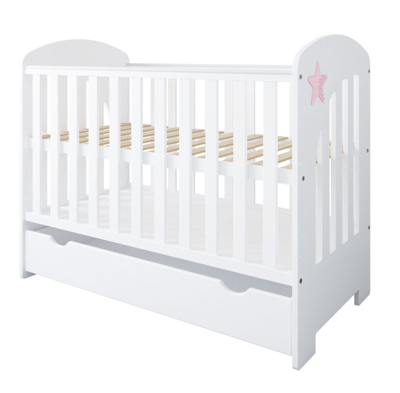 Βρεφικό κρεβάτι Star Pink BabyCute 60x120 με συρτάρι, ιδανικό για μωρά.