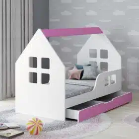 Κρεβάτι  Σπιτάκι  με Συρτάρι & Προστατευτικό & Στρώμα  House  White & Pink  70x140 cm  HB100HOUSE-WP