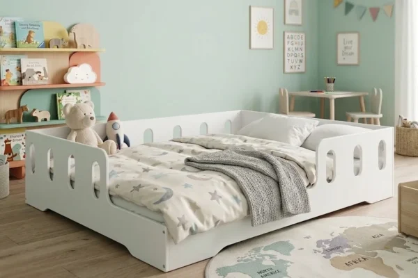 Λευκό παιδικό κρεβάτι Montessori με κάγκελο και διαστάσεις 140x200cm.