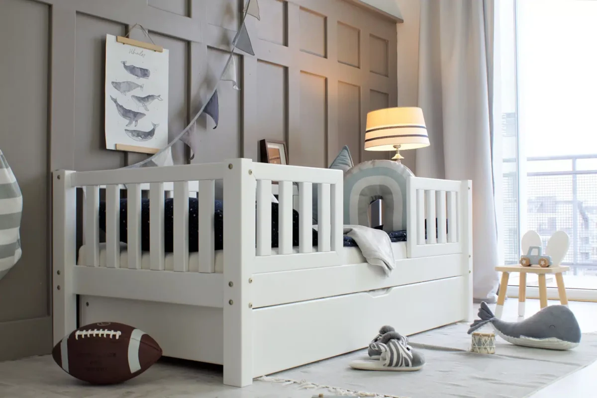 Λευκό ξύλινο κρεβάτι-καναπές Basic Love Duo με συρτάρι