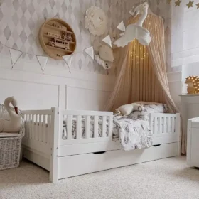 Λευκό ξύλινο παιδικό κρεβάτι καναπές Basic Love Duo με συρτάρι