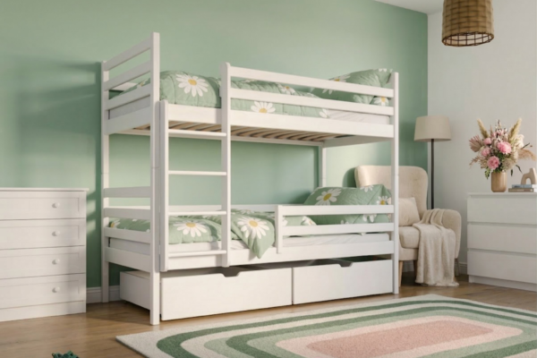 Λευκή κουκέτα Nemo από μασίφ ξύλο 90x200cm με συρτάρια αποθήκευσης.