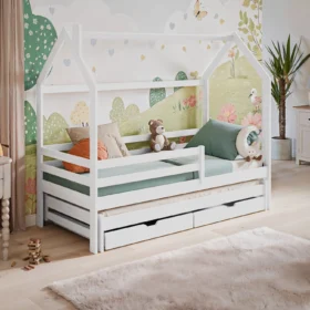 Κρεβάτι Σπιτάκι Disney από μασίφ ξύλο λευκό 90x200cm με συρόμενο.