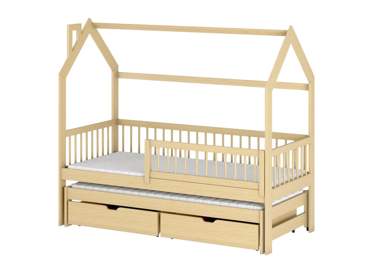 Κρεβάτι Σπιτάκι Papi με συρόμενο, μασίφ ξύλο natural 90x200. Παιδικό κρεβάτι.