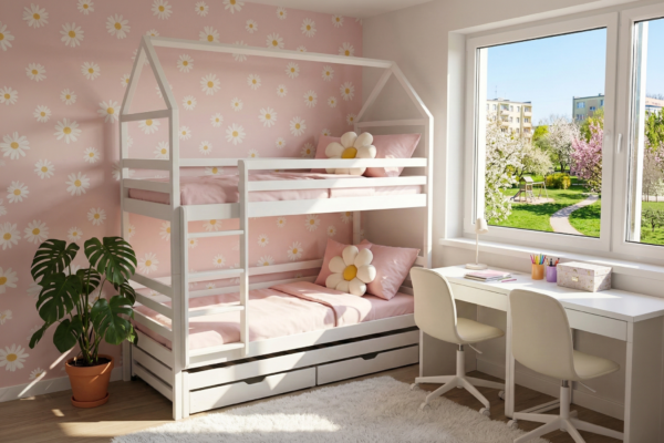 Λευκή ξύλινη κουκέτα σπιτάκι Dalia 90x200cm με συρόμενο.