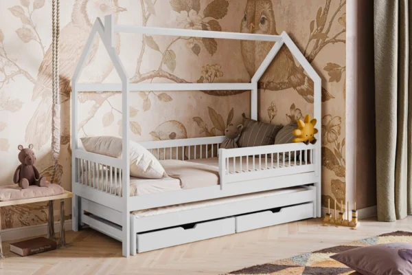 Κρεβάτι Σπιτάκι Papi White 90x200cm με συρόμενο κρεβάτι από μασίφ ξύλο.