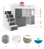 Κουκέτα Max Plus με γραφείο, σκαλοπάτια, αποθήκευση, 80x200cm