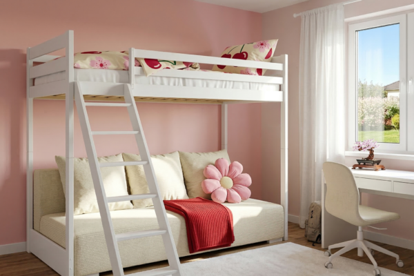 Λευκή κουκέτα Sofino Fast με πτυσσόμενο καναπέ-κρεβάτι από μασίφ ξύλο.