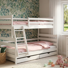 Λευκή κουκέτα Fami μονή-ημίδιπλη από μασίφ ξύλο, ιδανική για παιδιά.