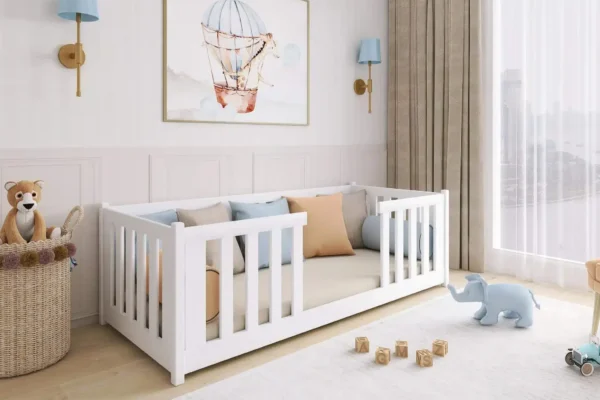 Κρεβάτι Montessori Fero μασίφ ξύλο λευκό, 90x200cm, με κάγκελα