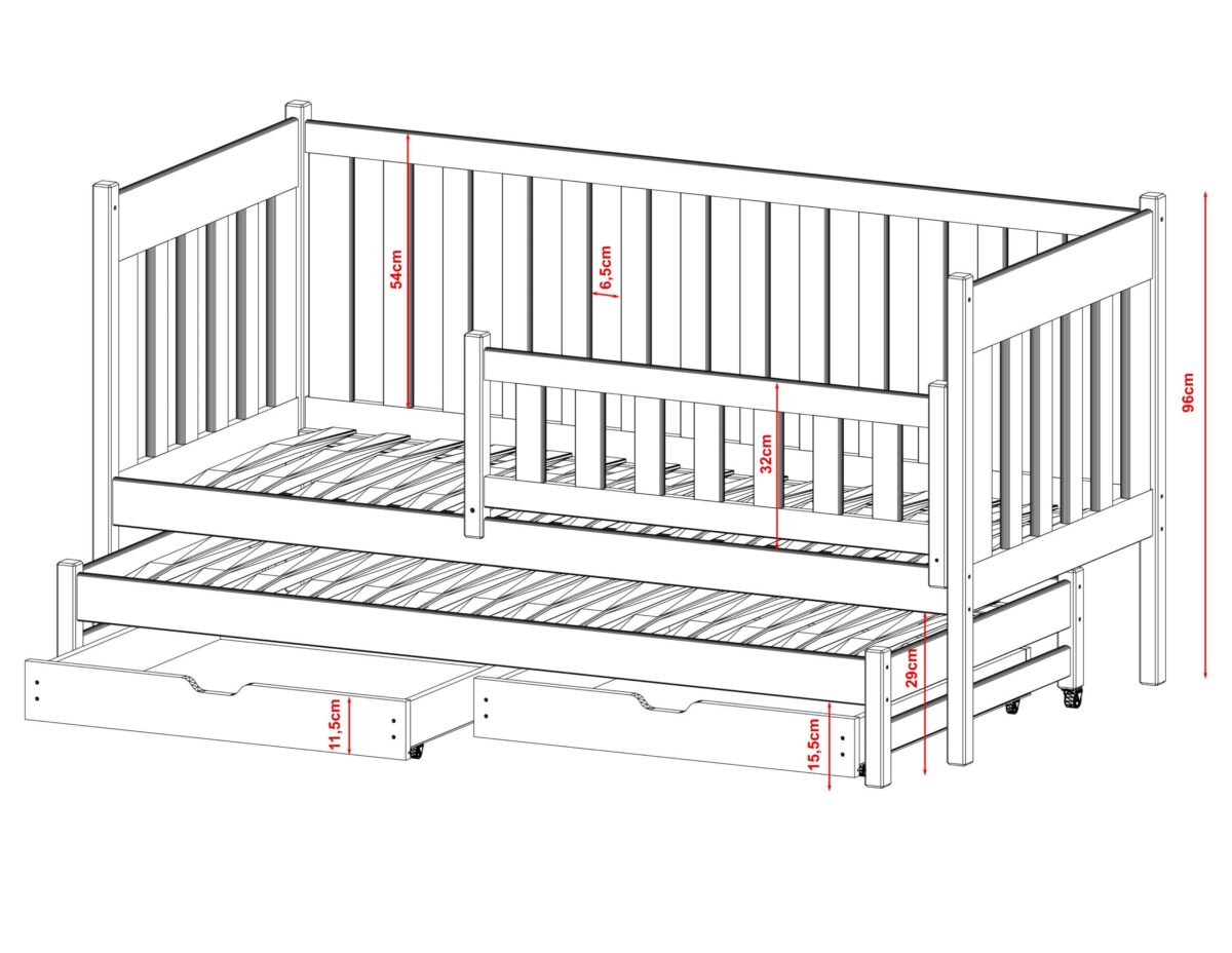 Καναπές Kaja με συρόμενο κρεβάτι, κάγκελα 54cm, μασίφ ξύλο, λευκό 90x200cm.