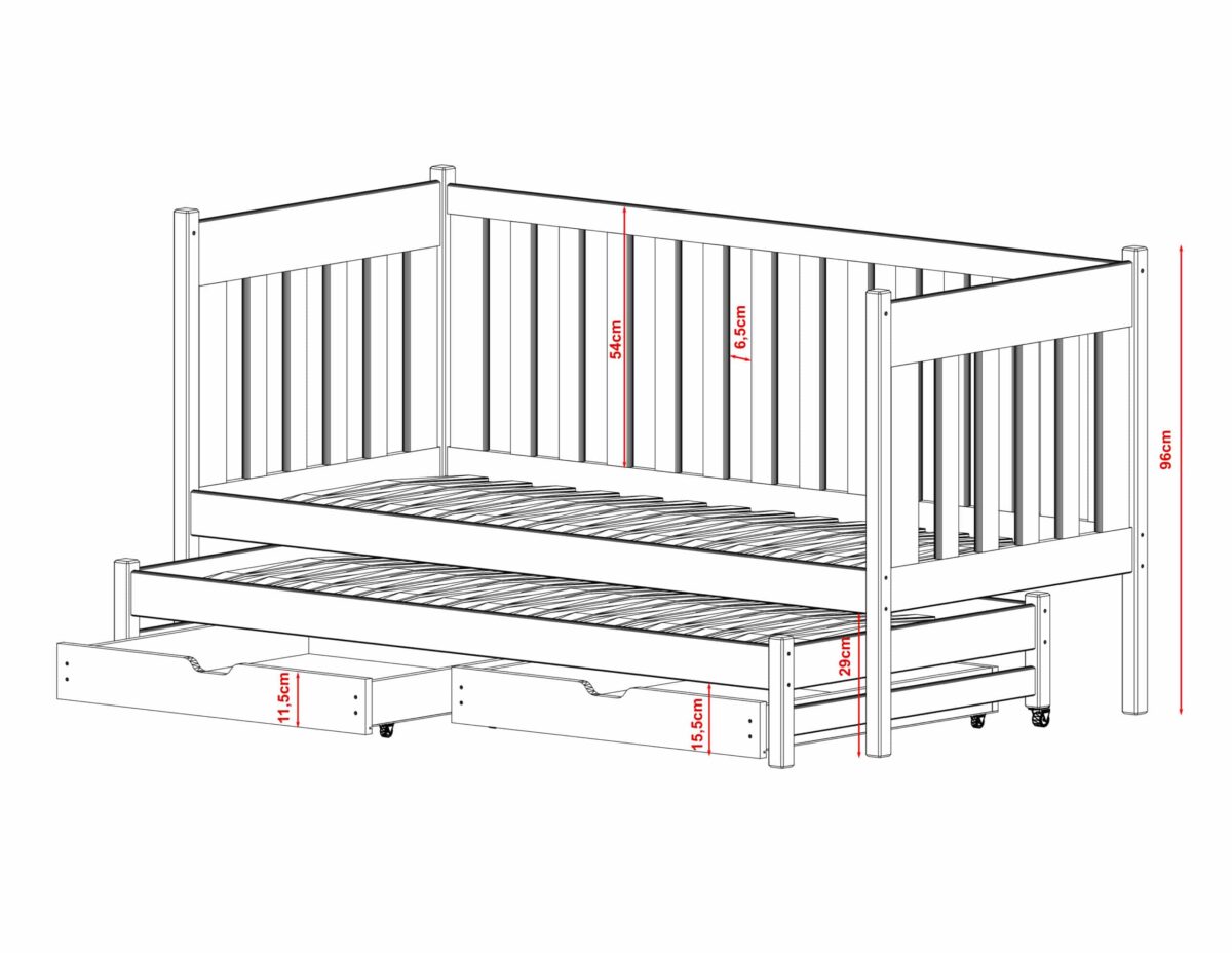 Καναπές Kaja με συρόμενο κρεβάτι, κάγκελα 54cm, μασίφ ξύλο λευκό 90x200cm