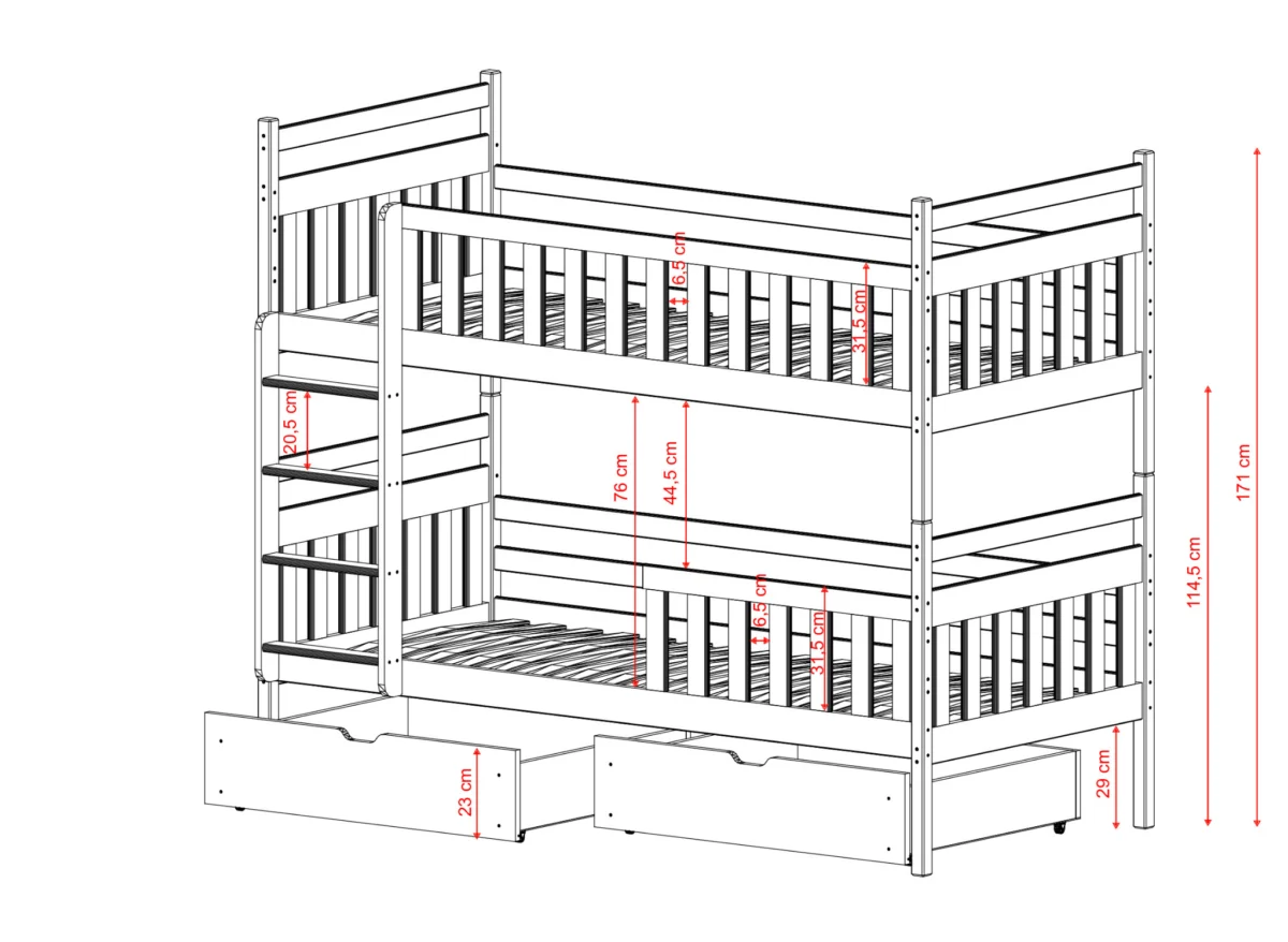 προϊόν Κουκέτα Monika από μασίφ ξύλο, natural, 90x200cm, παιδική κουκέτα με συρτάρια.