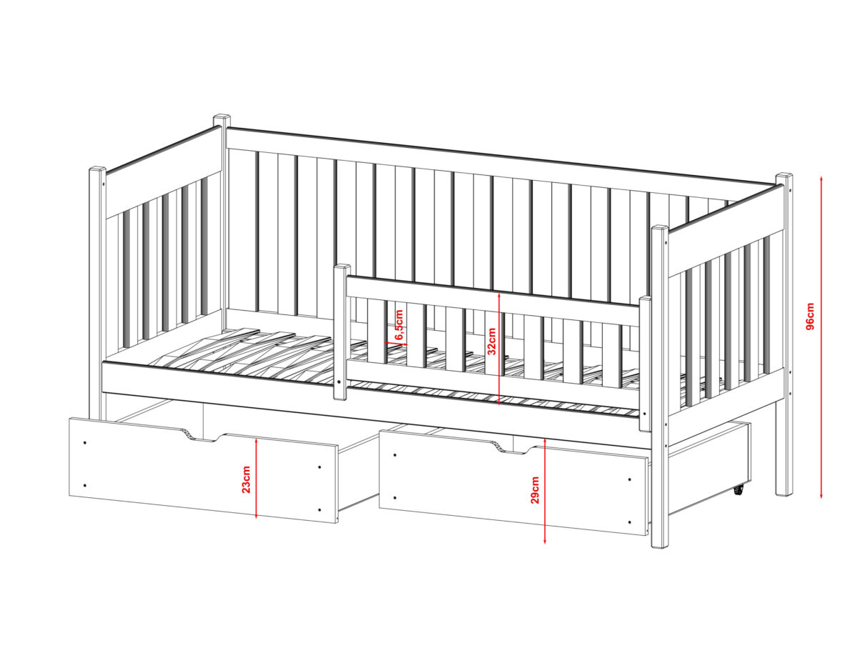 Λευκό ξύλινο κρεβάτι καναπές Alicia 80x180cm με συρτάρια και κάγκελα.