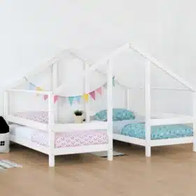 Λευκό ξύλινο κρεβάτι σπιτάκι Twin Montessori για 2 παιδιά