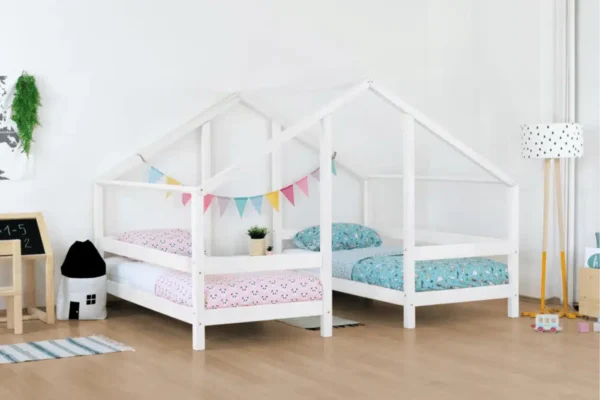 Λευκό ξύλινο κρεβάτι σπιτάκι Twin Montessori για 2 παιδιά