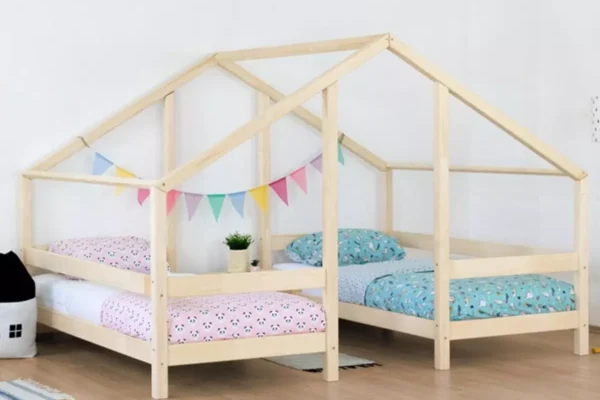 Ξύλινο κρεβάτι σπιτάκι Montessori για 2 παιδιά, Natural, 90x200cm