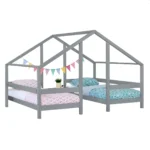 Γκρι ξύλινο κρεβάτι σπιτάκι Montessori για 2 παιδιά, Twin