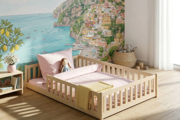 Κρεβάτι Montessori Mati Fast από μασίφ ξύλο πεύκου, κάθετα κάγκελα.