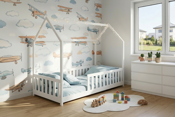 Λευκό κρεβάτι σπιτάκι Noah 90x200 από μασίφ ξύλο, τύπου Montessori.