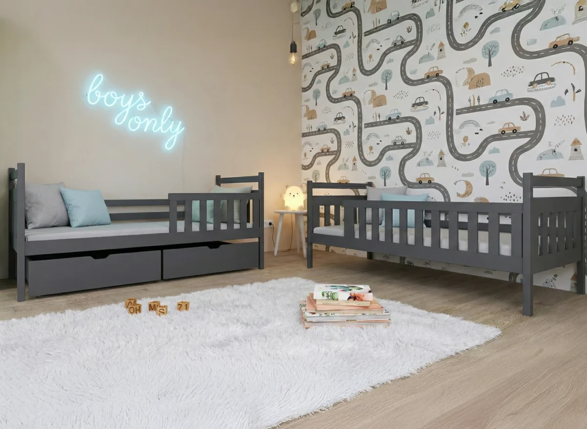 προϊόν Παιδική κουκέτα Monika Graphite από μασίφ ξύλο 90x200cm με συρτάρια.