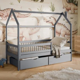 Κρεβάτι Σπιτάκι Oskar γκρι από μασίφ ξύλο 90x200cm με σκεπή.