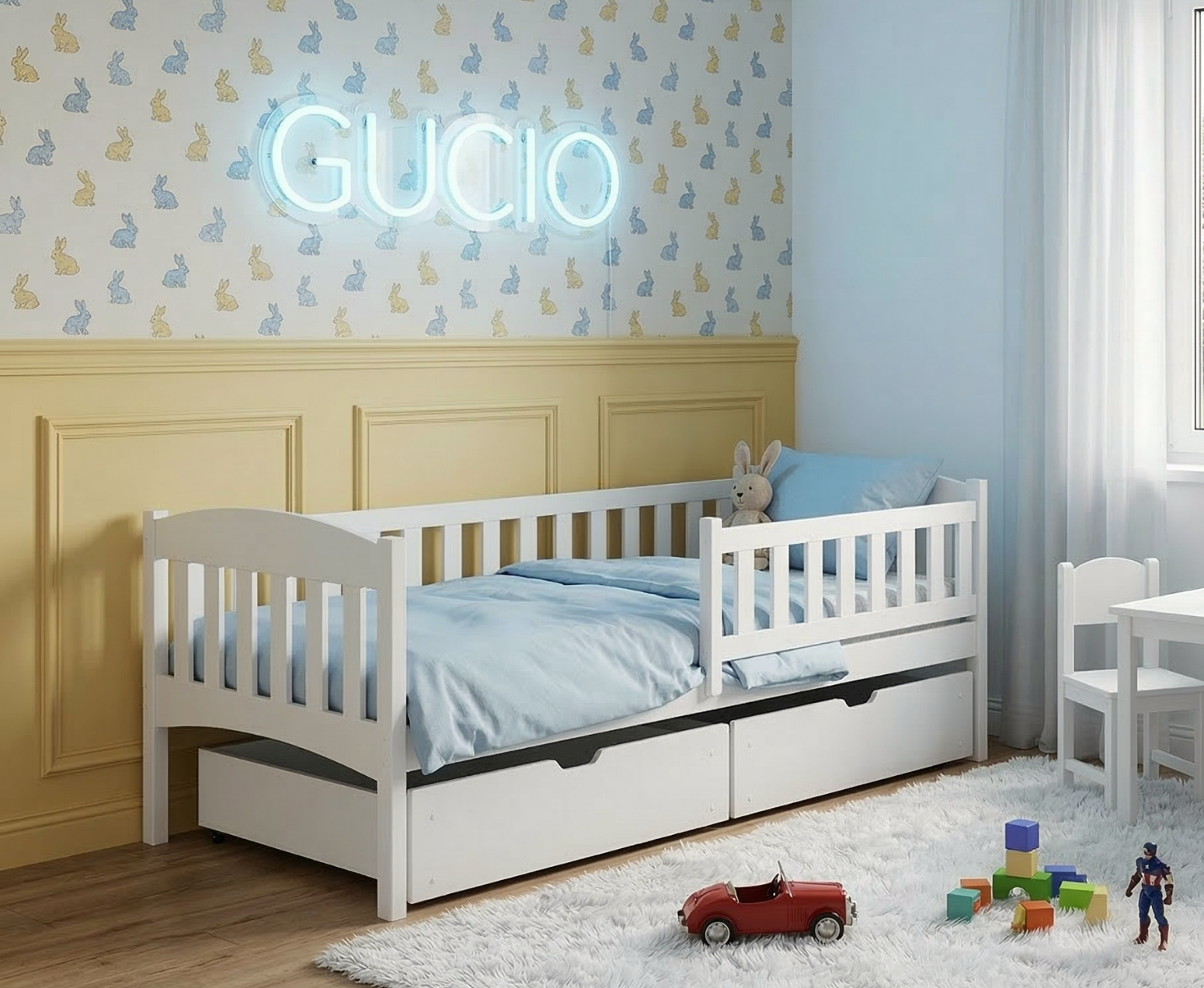 10 Λευκό ξύλινο κρεβάτι καναπές Gucio Fast 90x200cm με συρτάρια