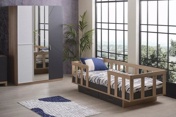 Κρεβάτι Montessori New City Kupa με συρτάρια αποθήκευσης για παιδιά.