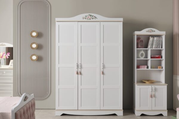 Λευκό παιδικό δωμάτιο Gencecix SAHRA, κρεβάτι 100x200cm, ντουλάπα και βιβλιοθήκη.