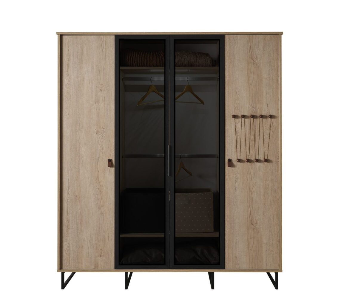 Ξύλινη ντουλάπα με γυάλινες πόρτες και μεταλλικά πόδια.