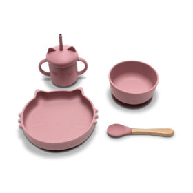 Σετ Φαγητού Σιλικόνης Lorelli Pink: Πιάτο, μπολ, κύπελλο, κουτάλι σιλικόνης.
