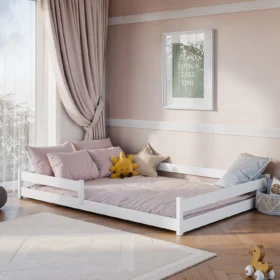 Λευκό κρεβάτι Montessori Fini Fast 140×200 με κάγκελο και ξύλο.