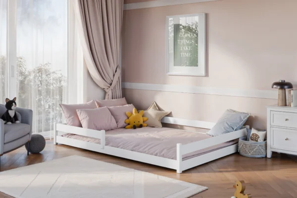 Λευκό κρεβάτι Montessori Fini Fast 140×200 με κάγκελο και ξύλο.