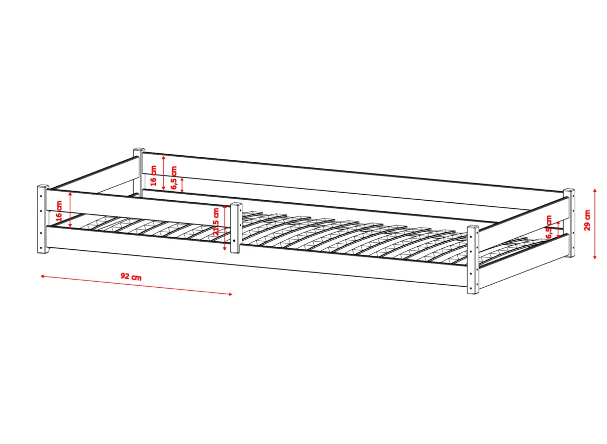 Μονοθέσιο κρεβάτι με ξύλινο πλαίσιο, 92 cm πλάτος και 29 cm ύψος.