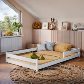 Κρεβάτι Montessori Zofia από μασίφ ξύλο πεύκου, κάγκελο, Cashmere 120x200cm.