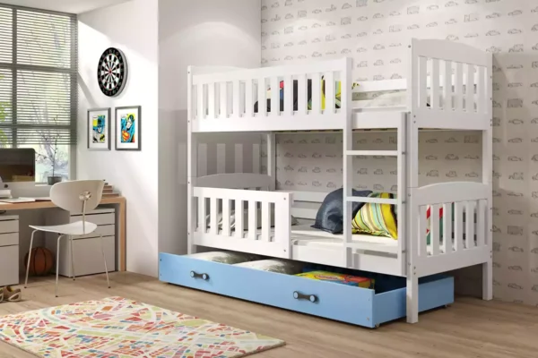 Λευκή και μπλε κουκέτα Dorian με συρτάρι αποθήκευσης, 90x200cm.