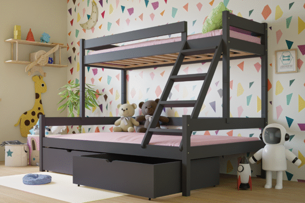 Κουκέτα Rasa: Μονή-ημίδιπλη από μασίφ ξύλο Graphite, ιδανική για παιδιά.