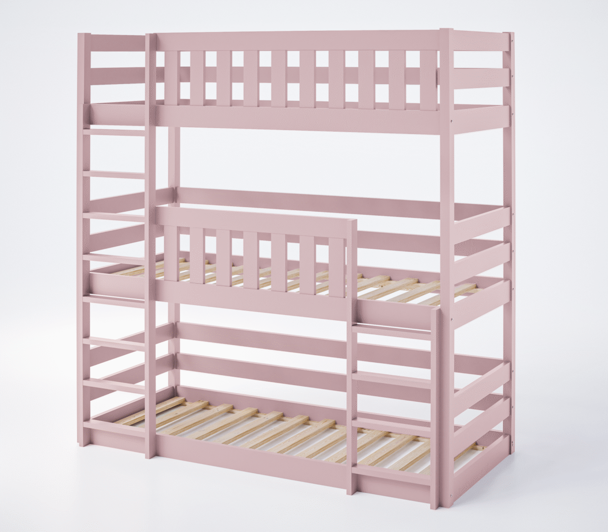 Παιδική κουκέτα Montessori Cozy Nest τριώροφη ροζ από μασίφ ξύλο.