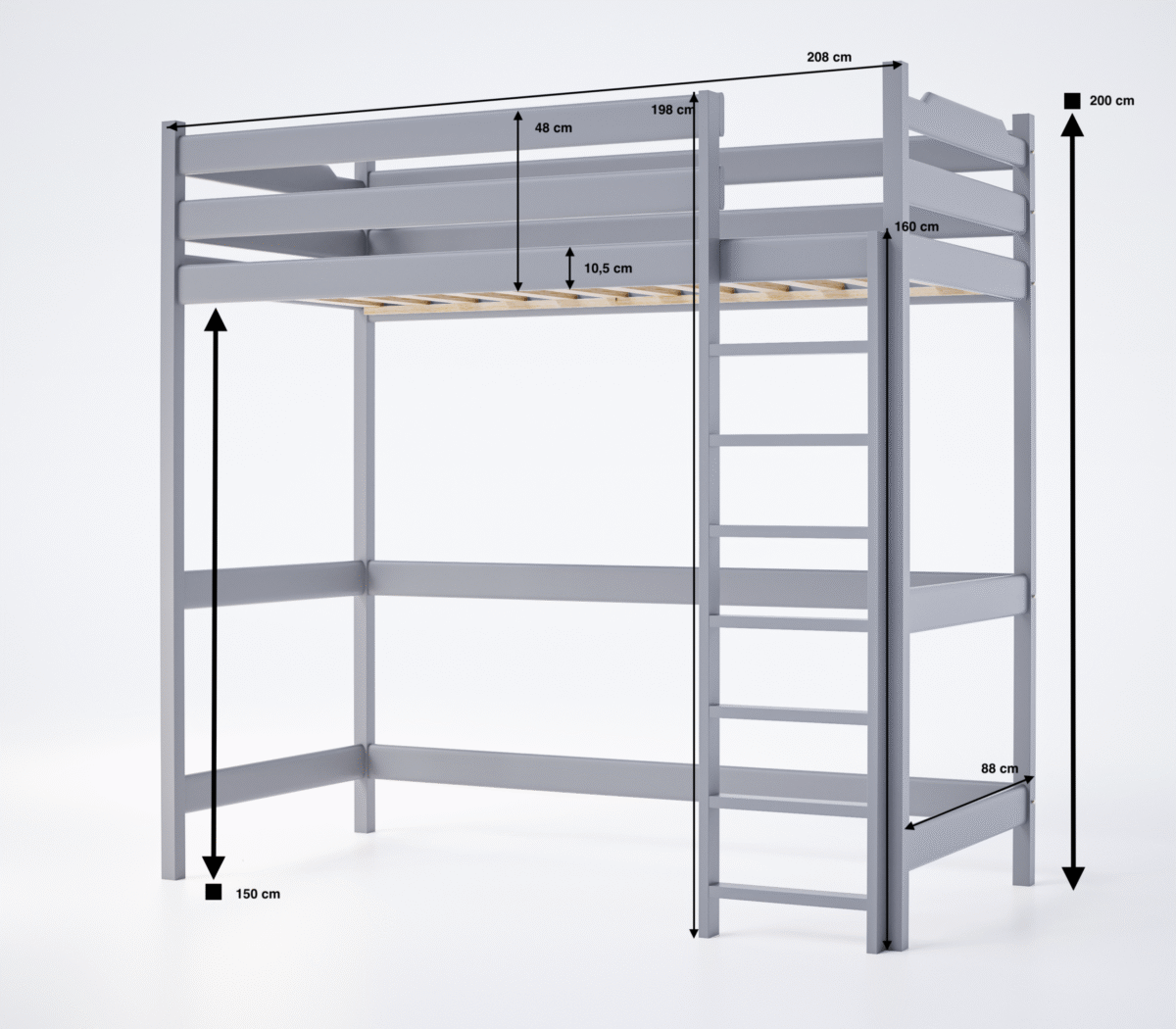 Υπερυψωμένο κρεβάτι Toledo από μασίφ ξύλο 90x200cm, ανθεκτικό και κομψό.