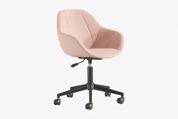 Ροζ υφασμάτινη καρέκλα γραφείου με ρυθμιζόμενο ύψος και περιστρεφόμενη βάση.