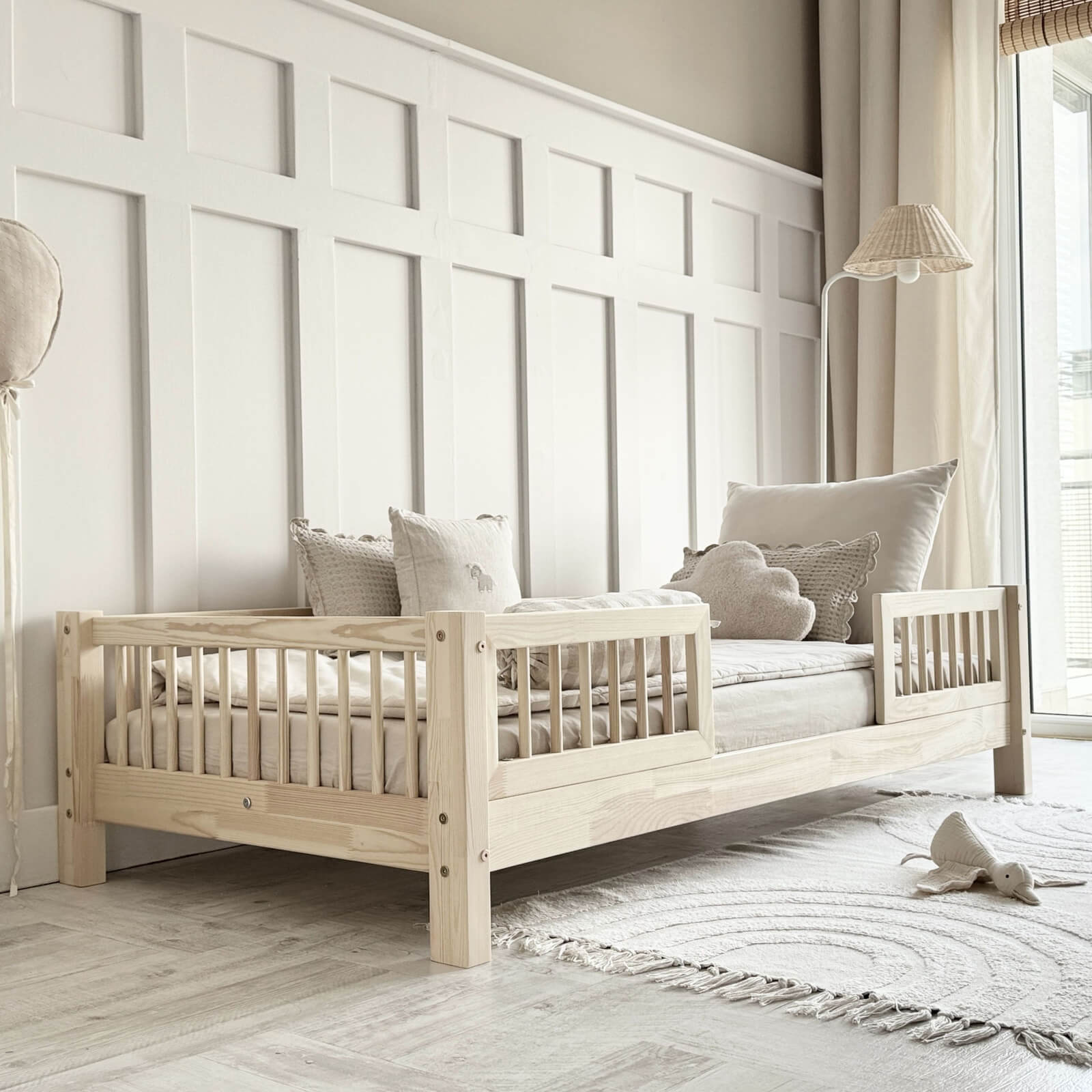 67 Luletto: Παιδικός καναπές κρεβάτι Basic Duo με κάγκελα, φυσικό ξύλο.