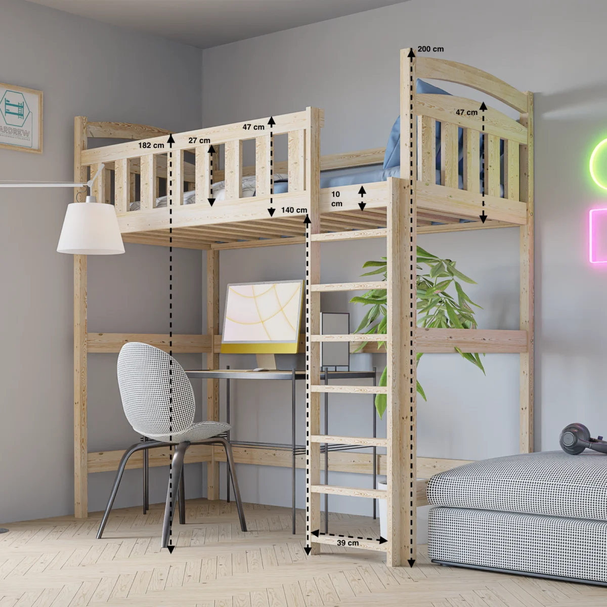 Υπερυψωμένο κρεβάτι Damian από μασίφ ξύλο Natural 90×200cm με σκάλα.