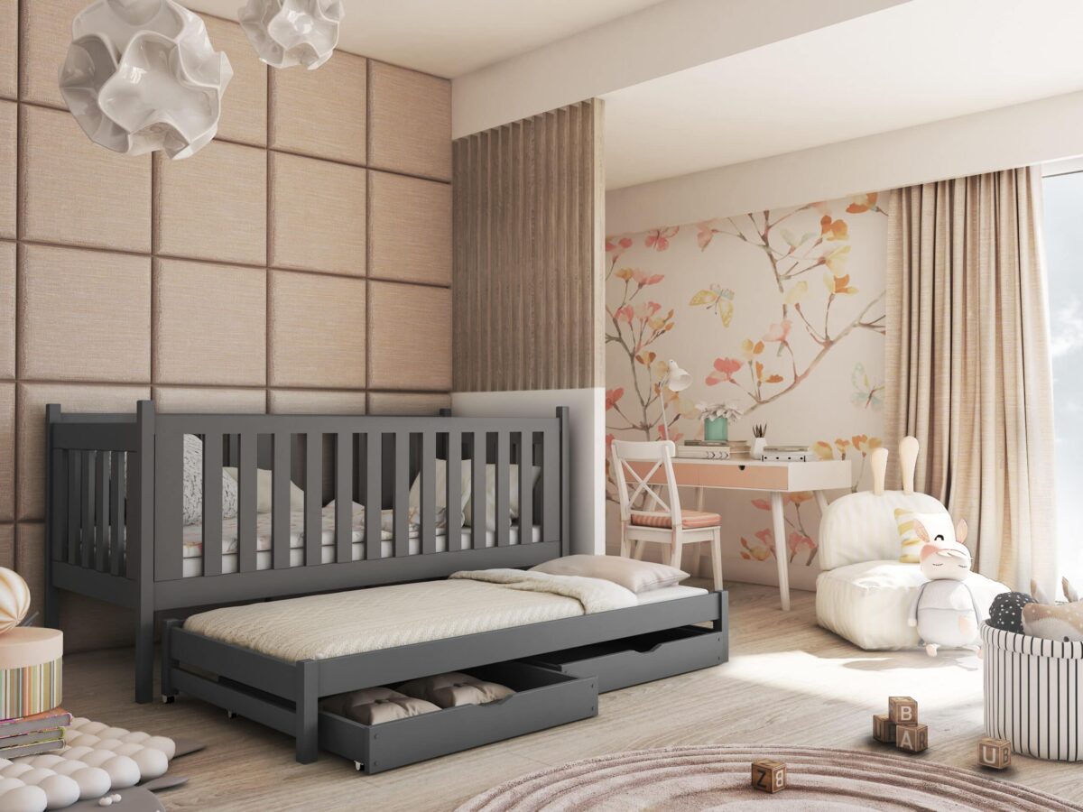 Καναπές Kaja συρόμενος από μασίφ ξύλο Graphite 90x200cm με κάγκελα.