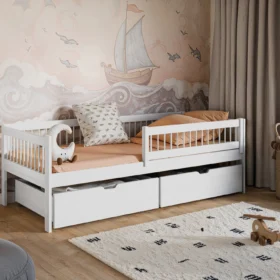 Λευκό κρεβάτι καναπές Edi από μασίφ ξύλο με συρτάρια 90x190cm