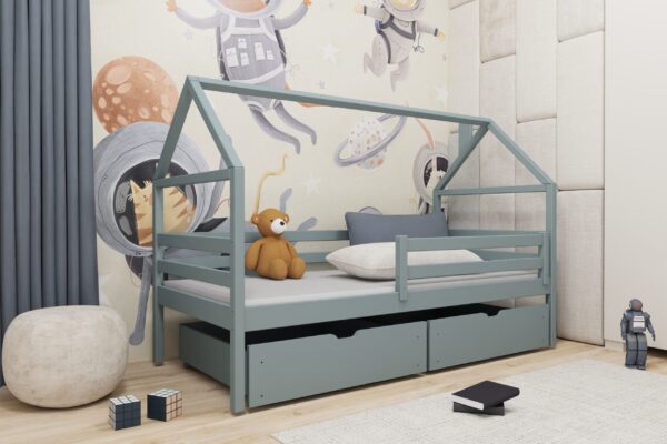 Κρεβάτι Σπιτάκι Aron 90x200cm: Μασίφ ξύλο, σχέδιο σπιτάκι με συρτάρια.