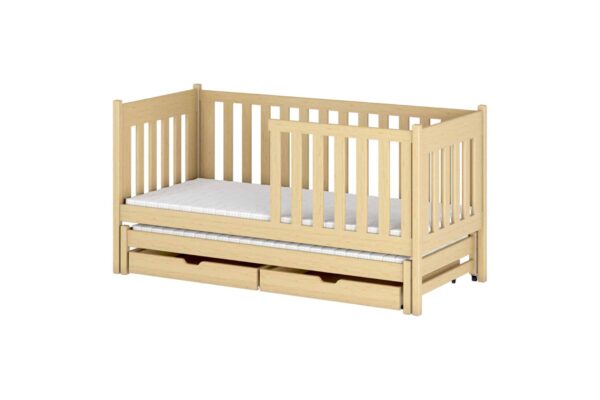 Καναπές Kaja με συρόμενο και κάγκελα από μασίφ ξύλο, φυσικό χρώμα.